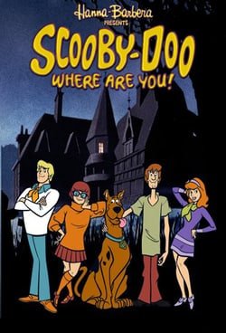 Main poster of Hanna-Barbera's Scooby-Doo Where Are You! Characters from left to right, Fred, Velma, Scooby-Doo, Shaggy, and Daphne.